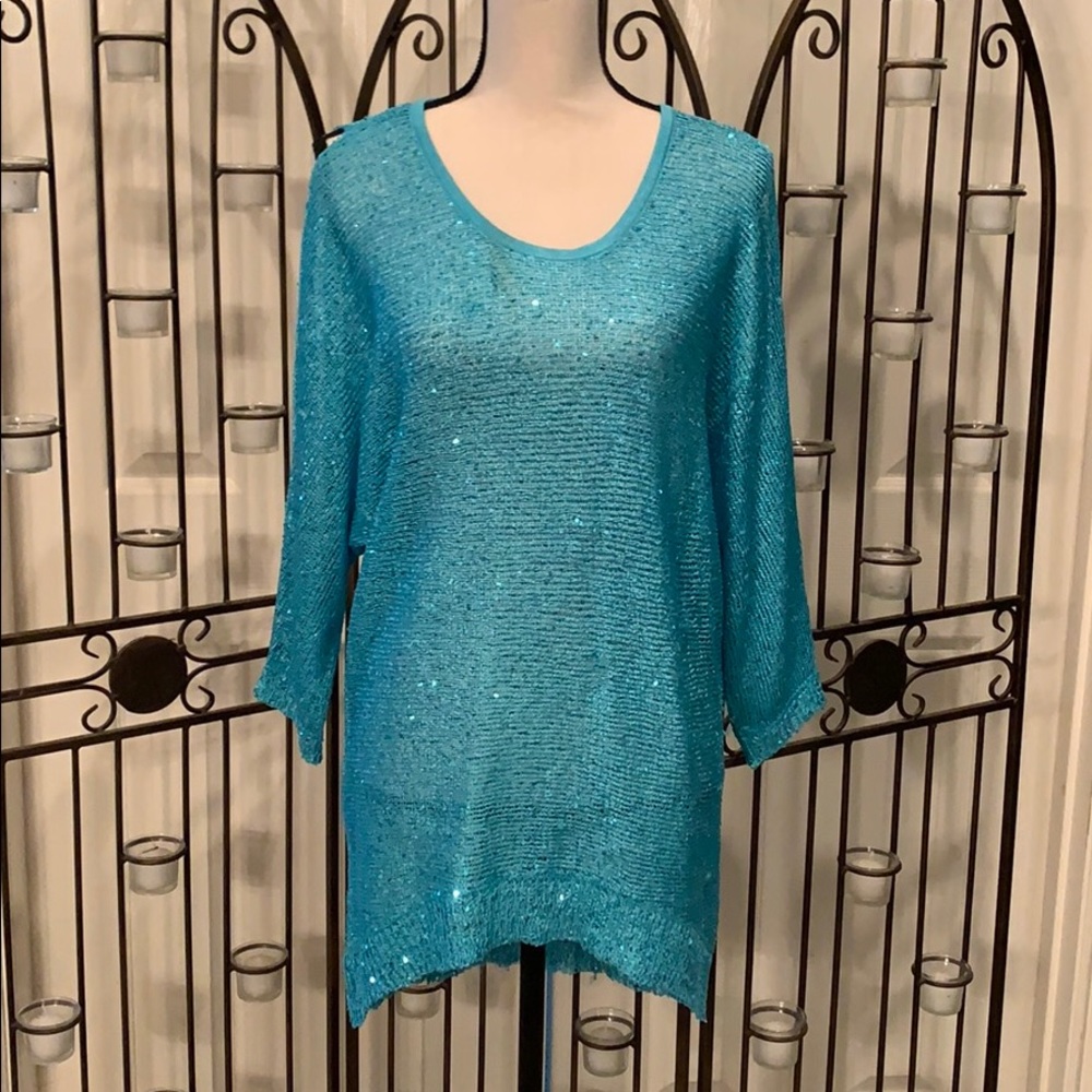Turquoise Sequined cold shoulder sweater